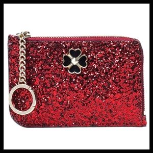 Kate Spade L-Zip Card Holder Wallet Odette Black Cherry Glitter